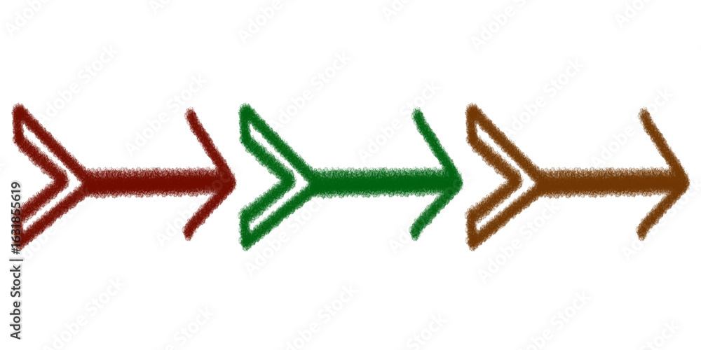 Poster arrow direction symbol, hand drawn red green and brown arrows in a sequence pointing right represent