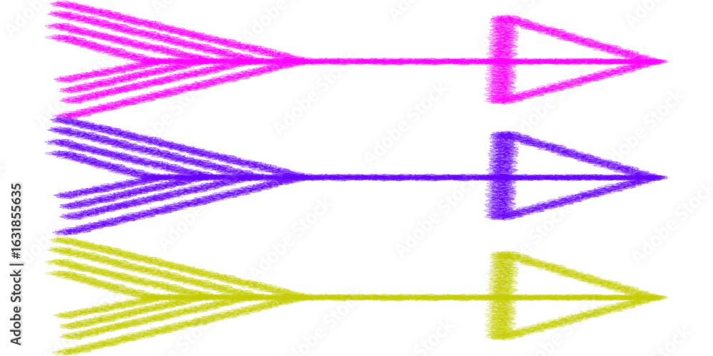 Poster arrow graphic icon, hand drawn arrows in pink purple and yellow pointing right with sketchy style re