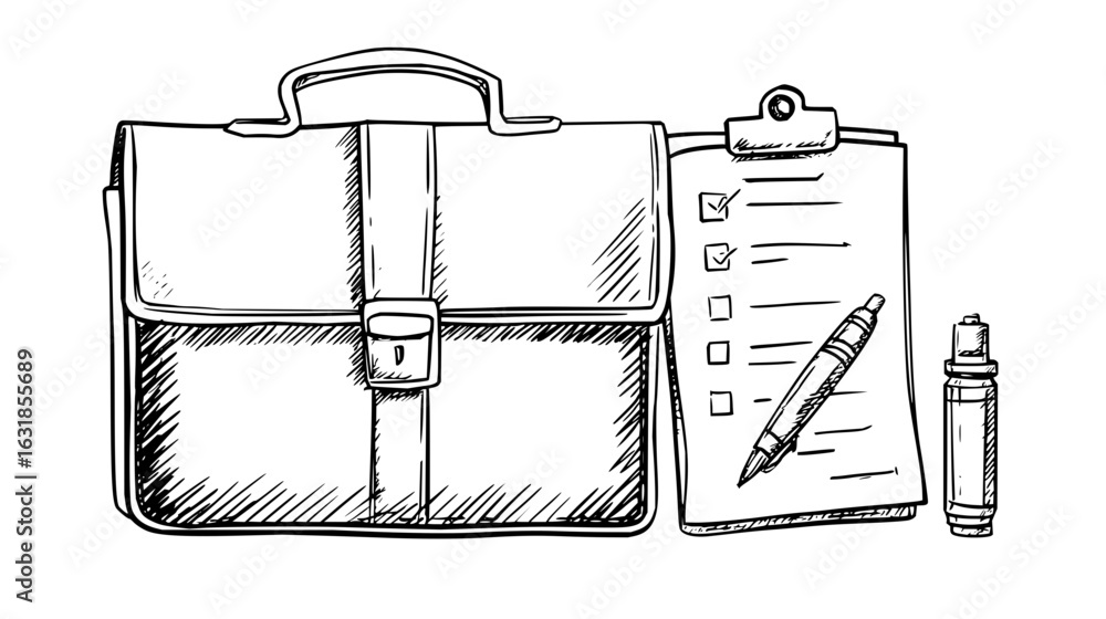 Poster a briefcase with a handle next to a checklist on a clipboard with a pen and a small bottle sketch