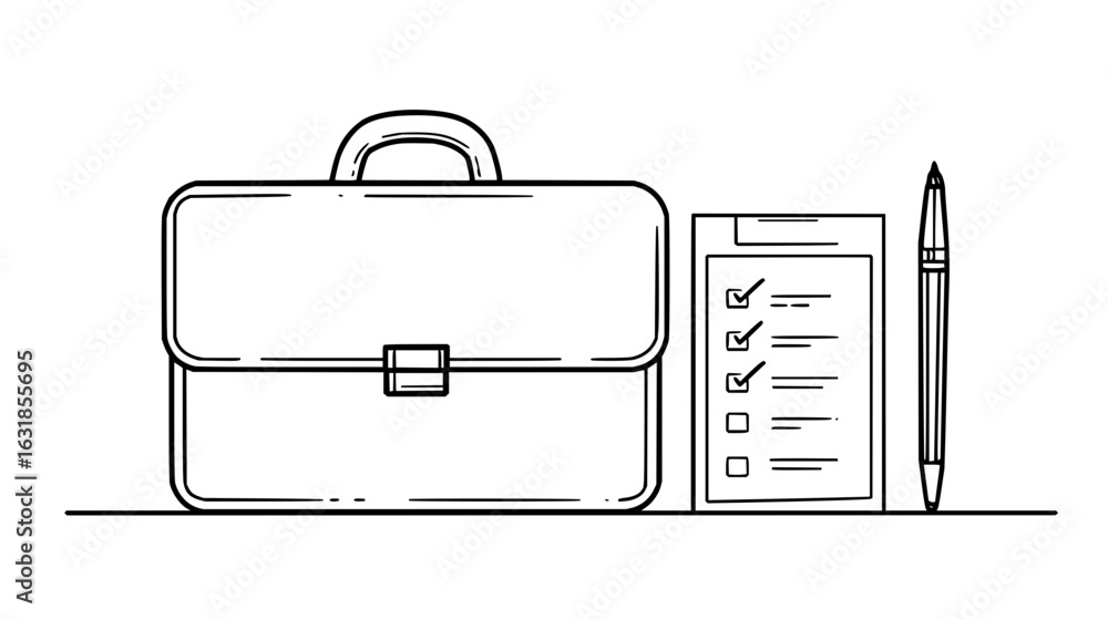 Poster a briefcase next to a checklist with some boxes checked and a pen in a simple line drawing style