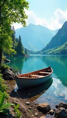 Obraz premium Adventurous journey on a calm lake, a small boat pulled ashore near lush greenery for a scenic hike Perfect for travel, adventure, and nature themes , journey, rocks, forest
