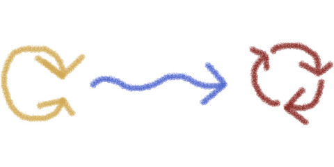 cycle process icon, hand drawn transition arrows in yellow blue and brown representing workflow loop recycling system update motion with sketchy design for visuals

