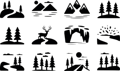 Twelve Monochrome Nature Icons: Mountains, Forests, and Deer Silhouettes