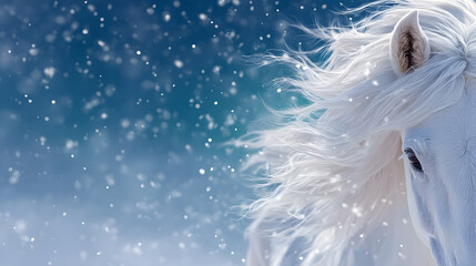 Majestic white horse with flowing mane stands gracefully against a snowy backdrop, capturing the essence of winter beauty and tranquility in nature. Selective focus