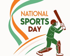 A vibrant flat-style digital illustration for indian National Sports Day featuring the indian flag, National Sports Day