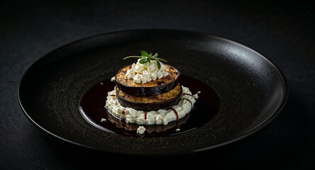 A stack of grilled eggplant slices with feta cheese and balsamic glaze on a black plate