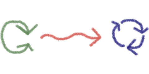 process flow, hand drawn style arrows showing transformation from green circular to red directional and blue loop icon for cycle progress transition and workflow design use

