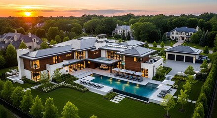 Aerial view showcases modern mansion with pool at sunset surrounded by lush greenery and other houses