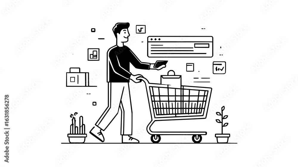 Poster a man pushing a shopping cart with a bag in it next to plants and digital interface elements in blac