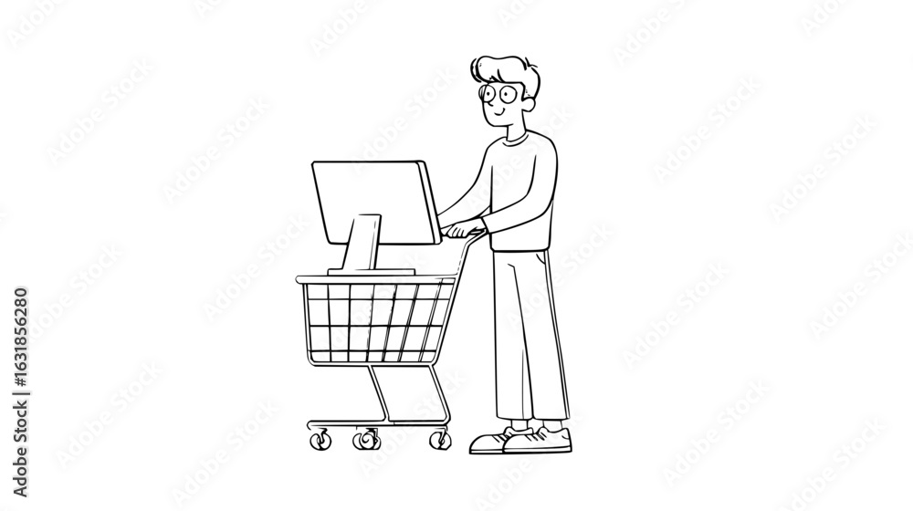 Poster a man with glasses pushes a shopping cart containing a computer monitor in a black and white drawing