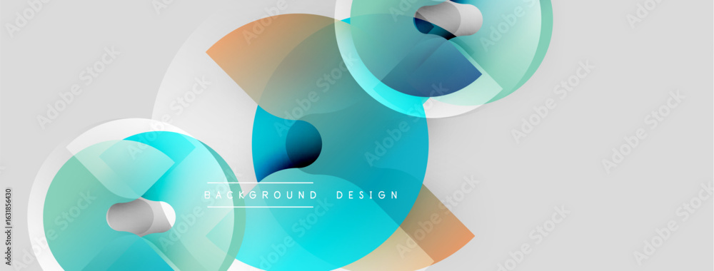 Poster abstract geometric shapes overlap, creating dynamic visual effect. light blue, orange hues dominate 