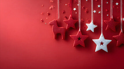Decorative red and white stars and reindeer ornaments hanging against a vibrant red background, creating a festive holiday atmosphere with playful charm. Selective focus