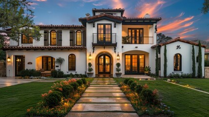 Elegant Spanish Colonial Revival residence with manicured landscape and scenic sunset backdrop