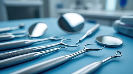 Close up of sterile dental instruments on a blue examination table