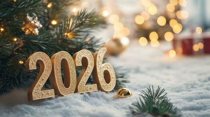 Celebrating the arrival of New Year 2026 with festive decorations and lights