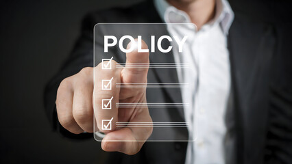 Confident executive selects policy options on futuristic touchscreen interface for business strategy