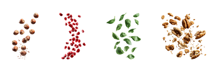 Assorted Nuts, Seeds, And Greens. Healthy Ingredients For Balanced Diet Isolated On Transparent Background