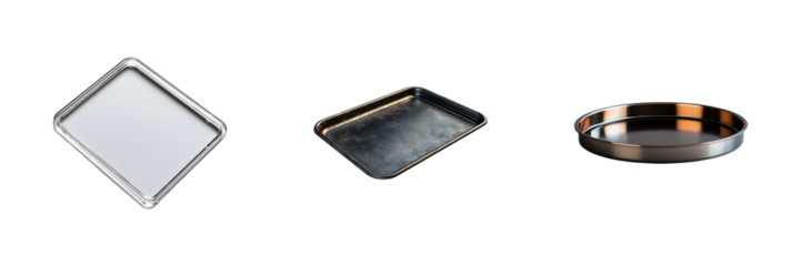 Three Types Of Baking Trays. Essential Kitchenware For Baking And Cooking Isolated On Transparent Background