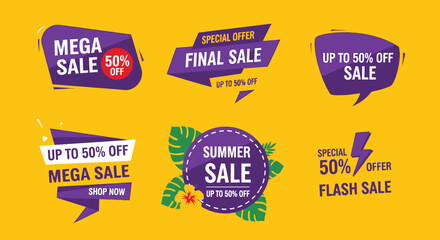 Vector art of collection of colorful sale banners, labels, and tags for summer and special offers