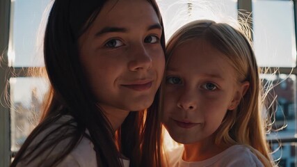 Young girls hug near window light. Sun shines behind young faces. Sisters show love joy in bedroom. Girls embrace in warm hug. Smile shows bond, couple mood woman child kiss sleep innocence, bed scene