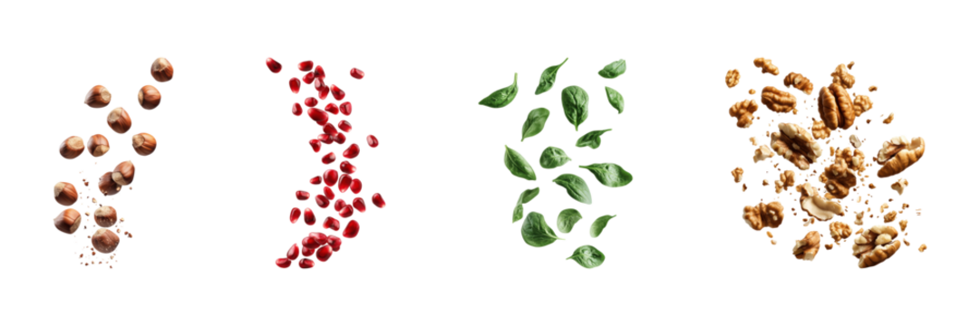 Assorted Nuts, Seeds, And Greens. Healthy Ingredients For Balanced Diet Isolated On Transparent Background