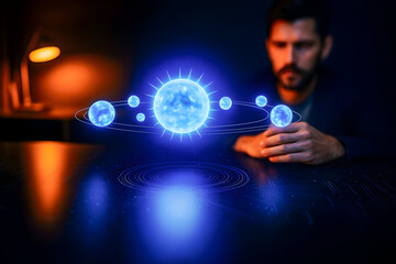 Scientist Observing Futuristic Holographic Solar System Model