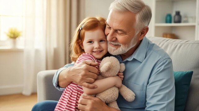 Elderly man hugging young girl holding teddy bear at home, concept of generational connection  