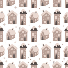 Winter houses seamless pattern in scandinavian style. Cartoon seasonal vector background