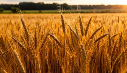 Obraz premium a wheat field on the background Golden wheat crop with sunlight