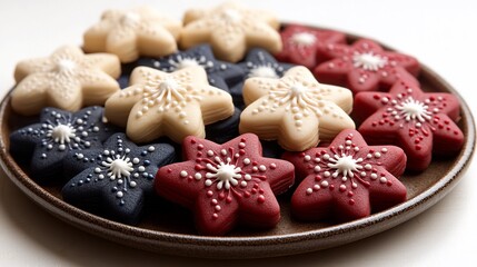 Star-shaped cookies in red, white & blue.  Variety of frosted, flower-shaped delights on a plate