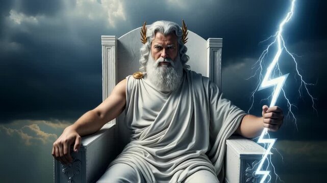 The greek god zeus sitting on his throne in the clouds and holding a lightning bolt, a powerful symbol of authority, mythology, divine power, and the ancient pantheon of gods
