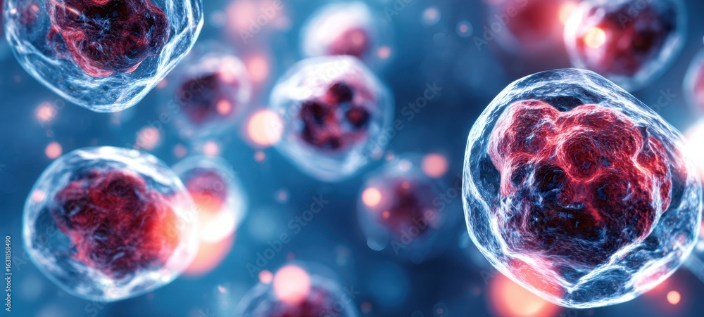 Poster the microscopic view of vibrant cells showcasing intricate biological structures.
