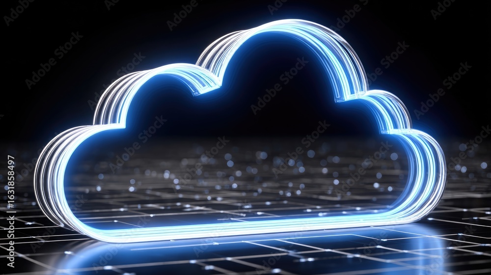 Aufkleber a futuristic digital cloud icon glowing with neon blue light on a dark background representing cloud