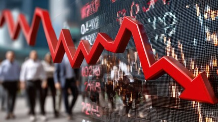 A dynamic representation of a declining stock market, featuring a red graph line indicating a bearish trend and concerned investors.
