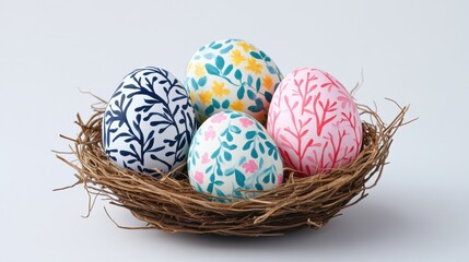 Obraz premium Colorful decorative eggs in a nest showcasing springtime artistry