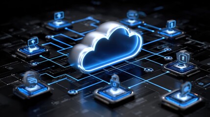 A futuristic cloud computing network showcasing digital connections with glowing icons for data security and storage.
