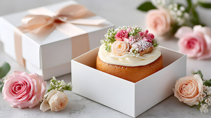 Beautifully decorated cupcake with floral toppings in a white gift box, surrounded by fresh roses, perfect for celebrations and special occasions. Selective focus