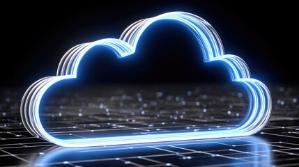 A futuristic digital cloud icon glowing with neon blue light on a dark background representing cloud computing.
