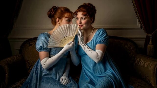 Two young ladies in regency-era gowns whispering secrets behind a fan, a scene of gossip and intrigue for historical dramas, high society storytelling, and romantic novels