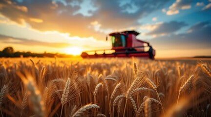 Fototapeta premium Golden wheat field harvested by combine harvester at sunset