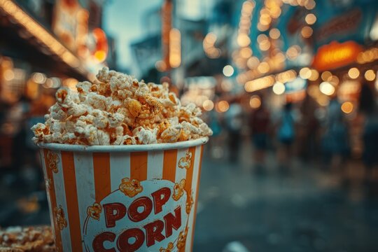 Carnival Treat Fresh Delicious Popcorn at the Fair Under the Lights Bucket of Joyful Flavors Tonight