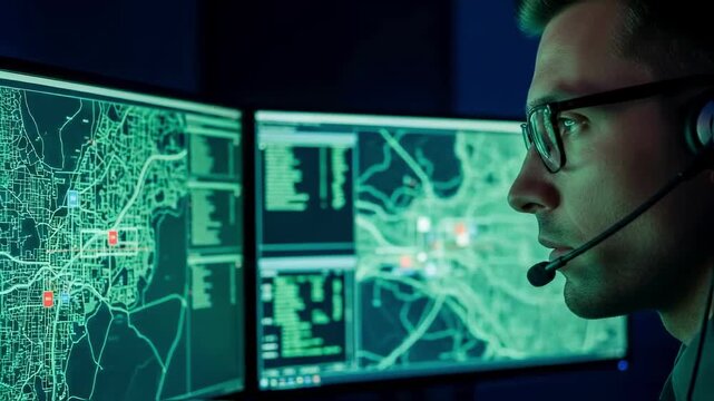 Dispatcher or data analyst in a headset monitoring gps tracking maps and data on multiple screens, a concept of surveillance, security, logistics, and command center operations
