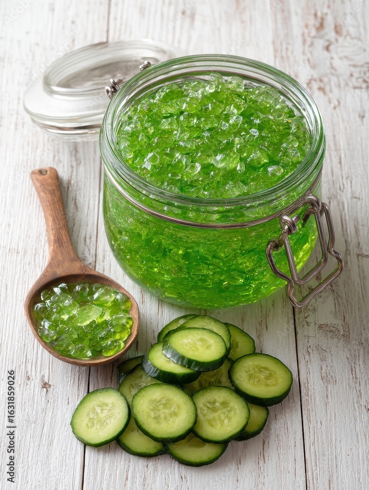 Poster homemade cucumber jelly in a jar with slices and a wooden spoon on a rustic surface