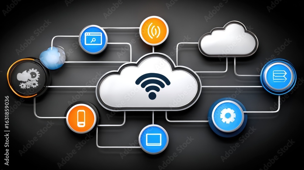 Poster stylish cloud computing illustration featuring connected devices and wireless symbols on a dark back