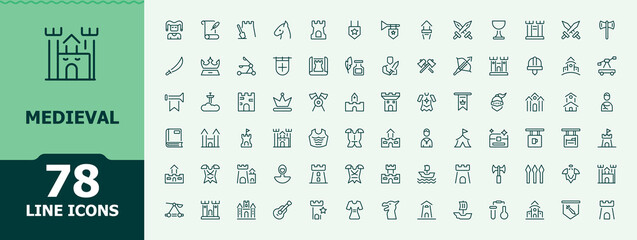 Medieval line icon pack. Historical icon set. Minimalist editable vector stroke. Contains such symbols as ancient, king, vintage, history, geometric, historical, old. Editable stroke collections. © icogrid