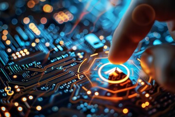 Computer restart button being pressed, glowing interface, clean tech background, concept of new beginning after digital failure.