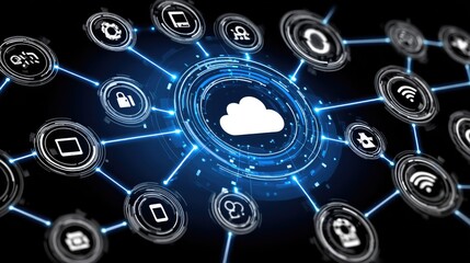 Visual representation of cloud computing with interconnected digital icons and data flow showcasing modern technology concepts.