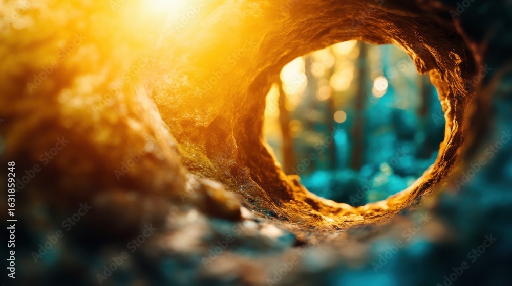 Poster sunset light streaming through a tree hollow in a serene forest setting