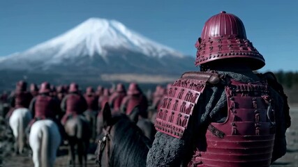 Samurai warriors on horseback looking towards mount fuji in feudal japan, a cinematic scene of historical battle, japanese culture, honor, and the way of the warrior