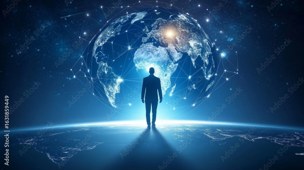 Poster contemplation of man in a high-tech world of big data communication and global connectivity